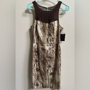 NEW Rachel Roy Snake Print Crochet Bib Sleeveless‎ Sheath Brown Dress Women’s 2